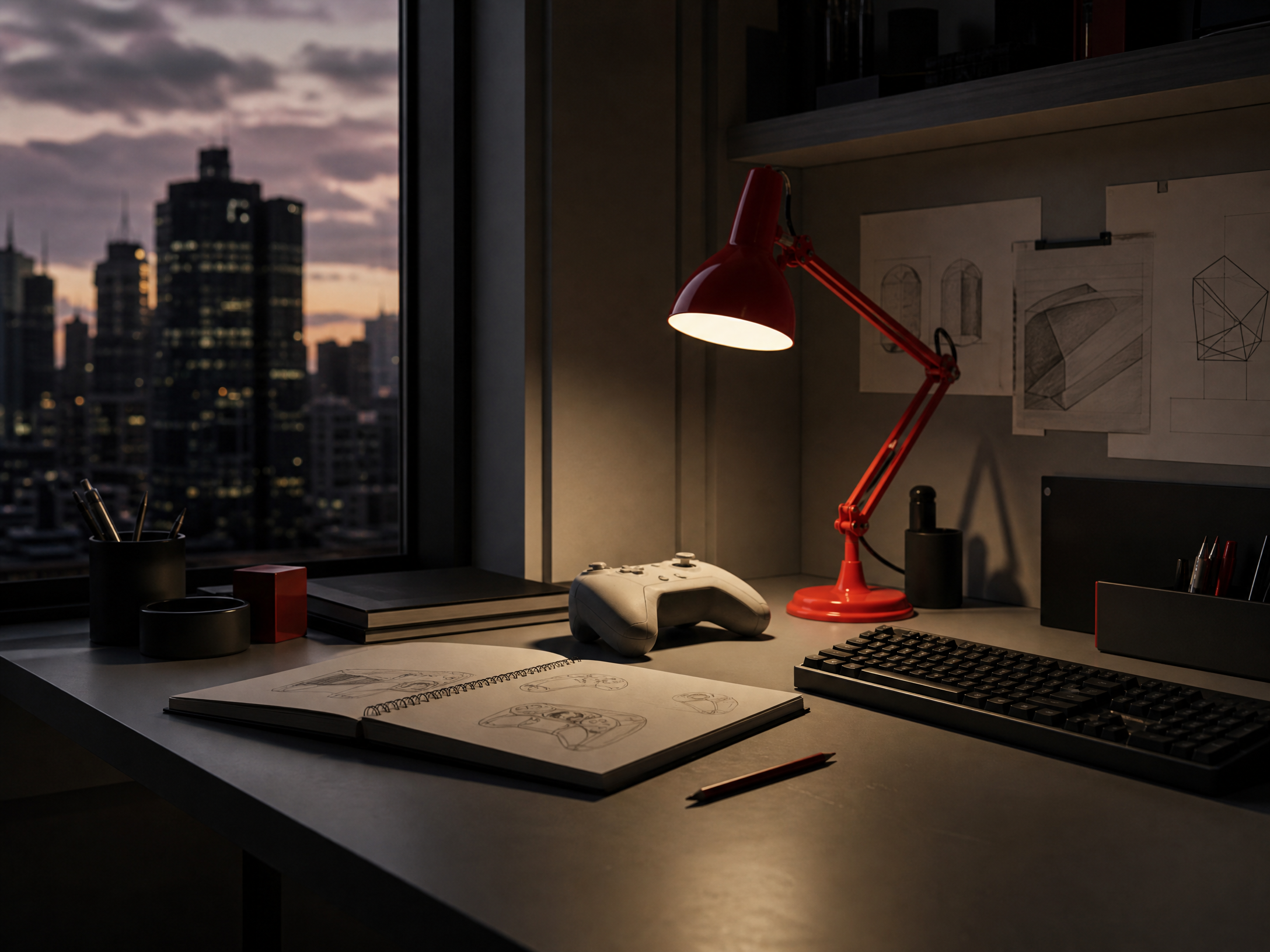 A game studio workbench at twilight